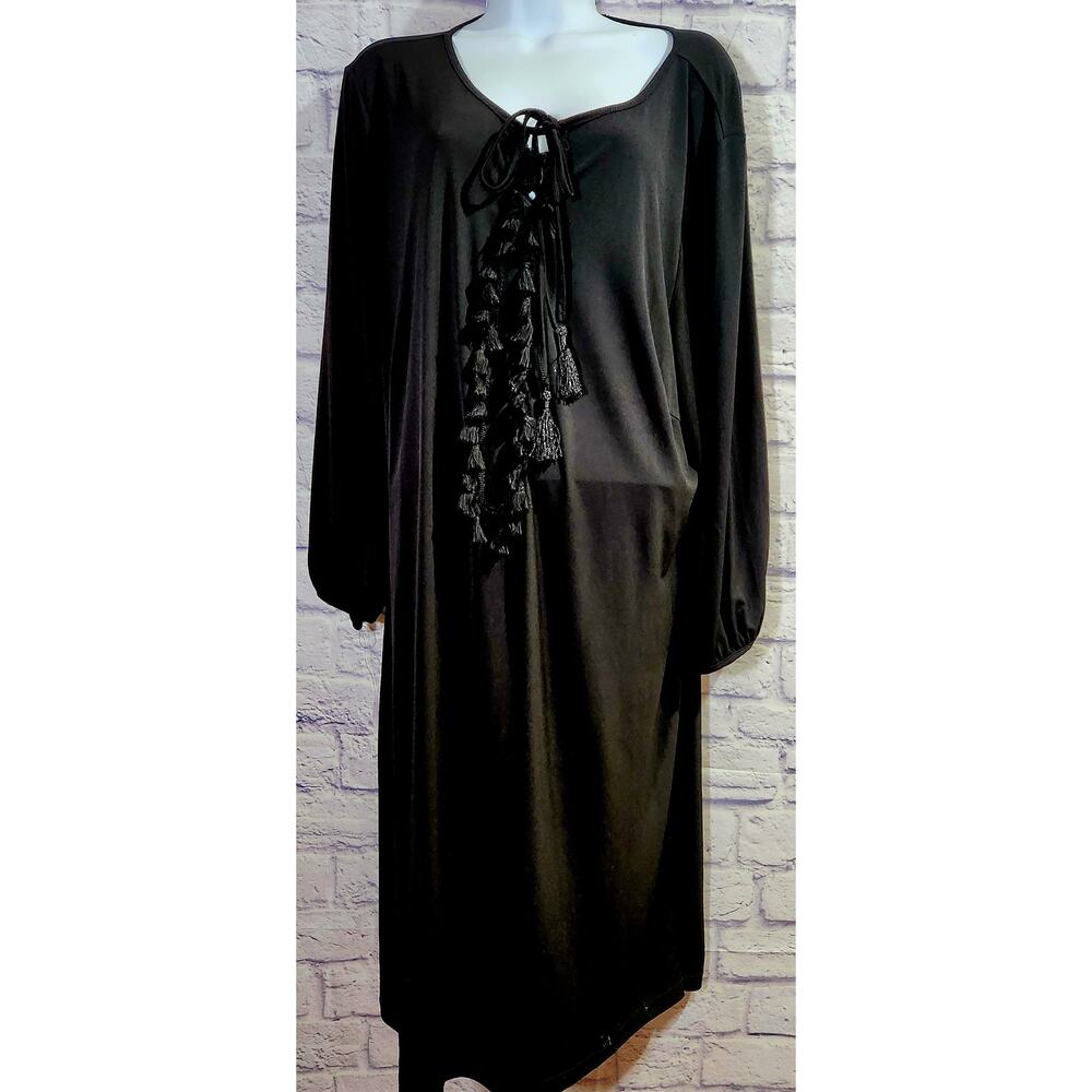 Kate & Mallory Black Pull On Shift Midi Dress 2X Plus Tassles On Bodice Flowy